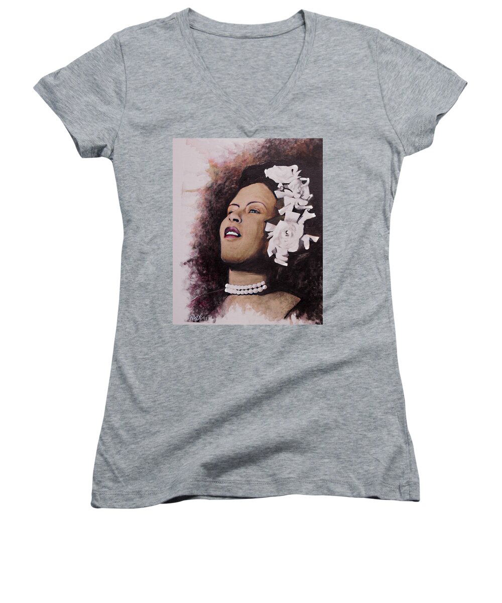 Billie Holliday Women's V-Neck featuring the painting Lady Blues by William Walts