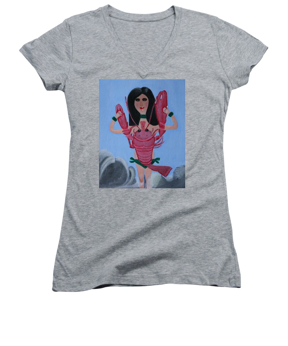 All Products Women's V-Neck featuring the painting Lady Lobster by Lorna Maza