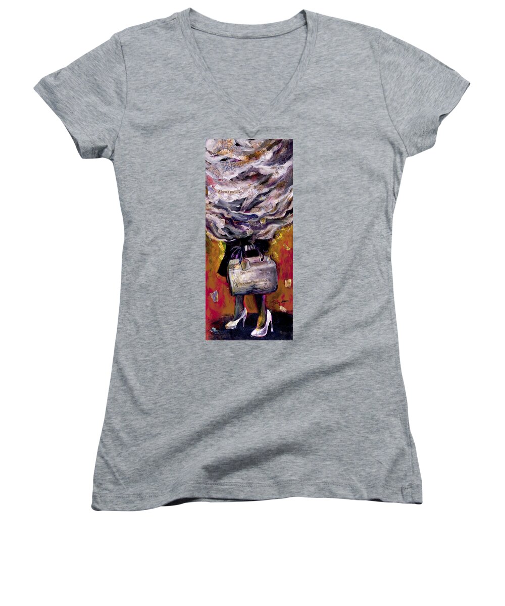 Figure Women's V-Neck featuring the painting Lady with suitcase and storm cloud by Tilly Strauss