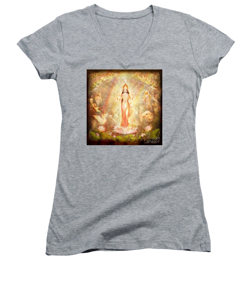Goddess Painting Women's V-Neck featuring the mixed media Lakshmi with Angels and Muses by Ananda Vdovic
