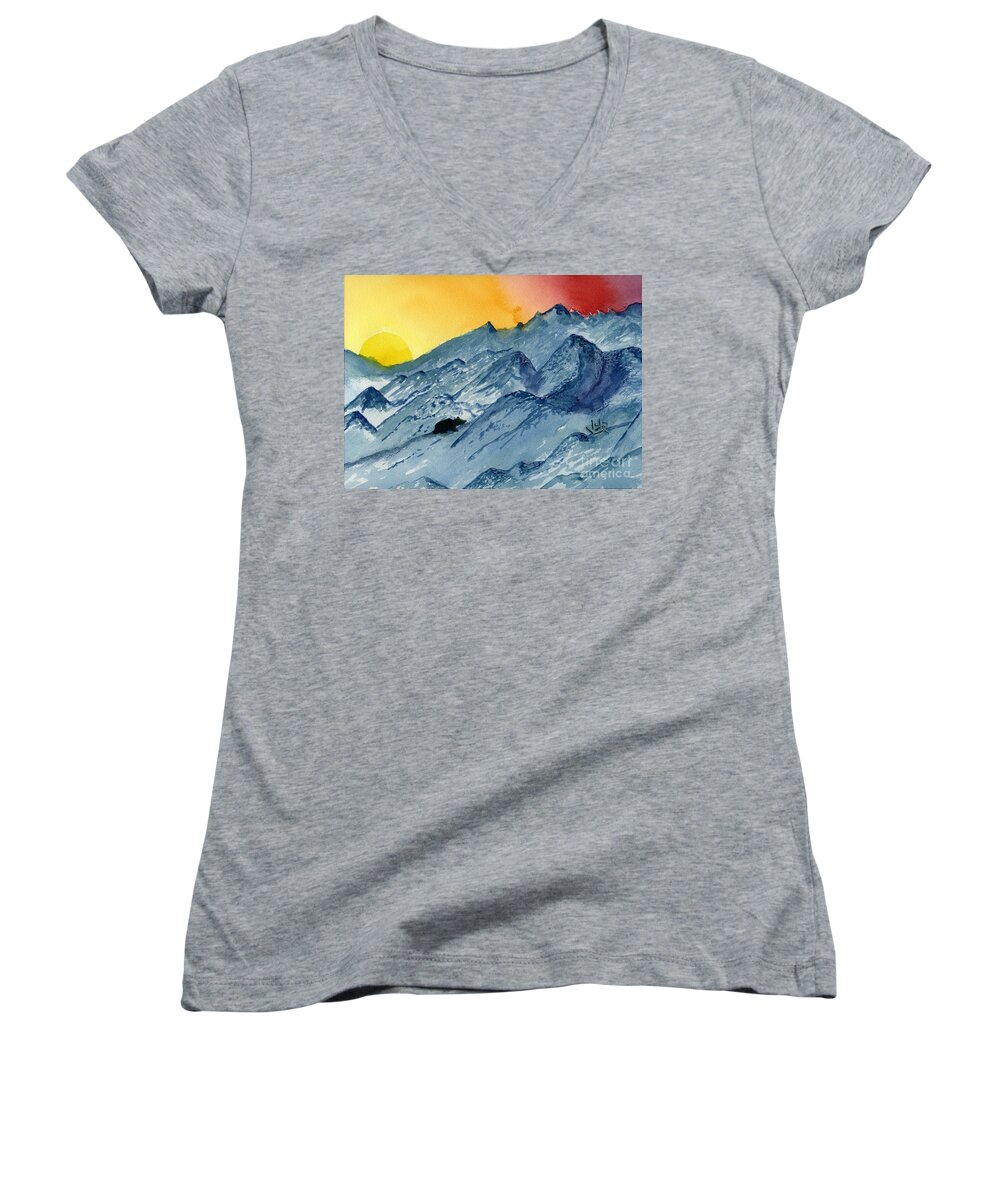Mountains Women's V-Neck featuring the painting Lasting Light II by Victor Vosen
