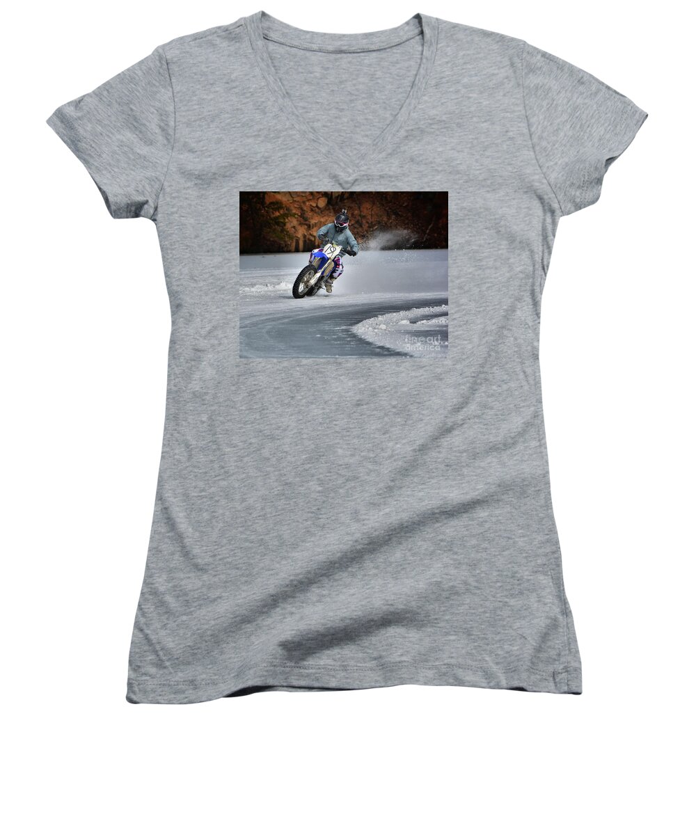 Ice Racing Women's V-Neck featuring the photograph Leader O' Da Pack by Robert McCubbin