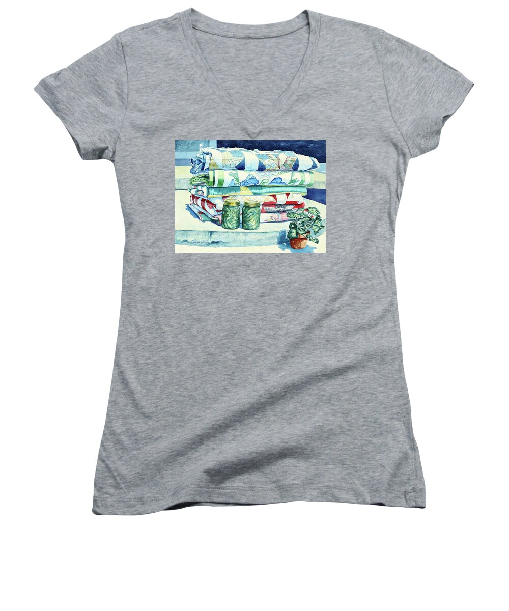 Quilts Women's V-Neck featuring the painting Lena's Legacy by Carolyn Coffey Wallace