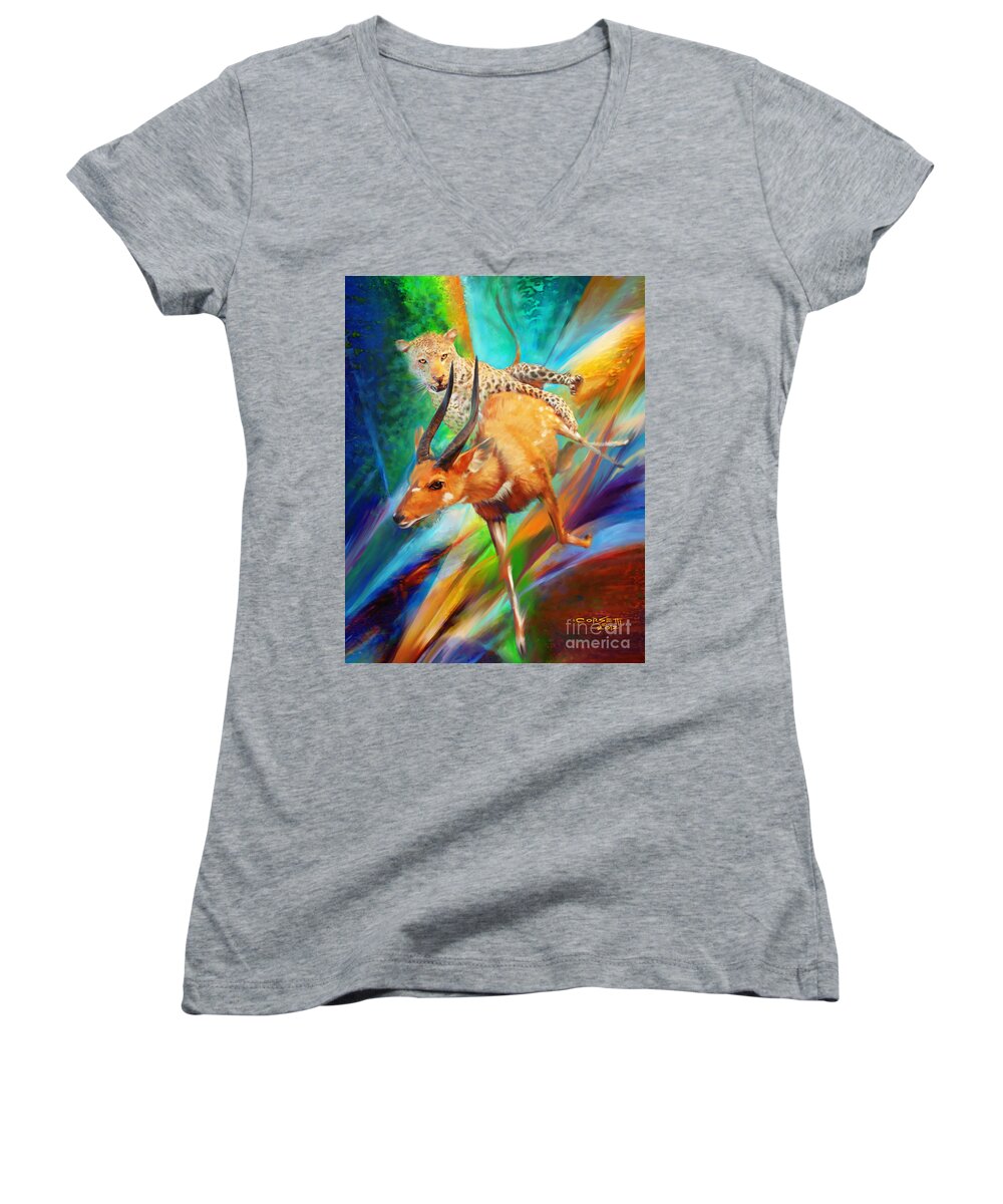 Wall Art Women's V-Neck featuring the painting Leopard Attack by Robert Corsetti