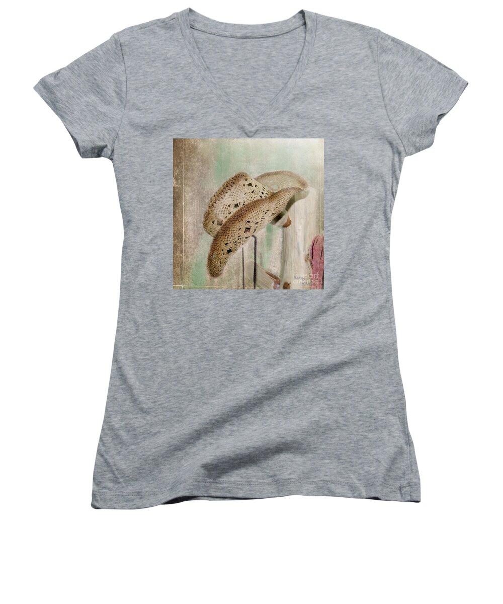 Hat Women's V-Neck featuring the photograph Let's Talk Western by Betty LaRue