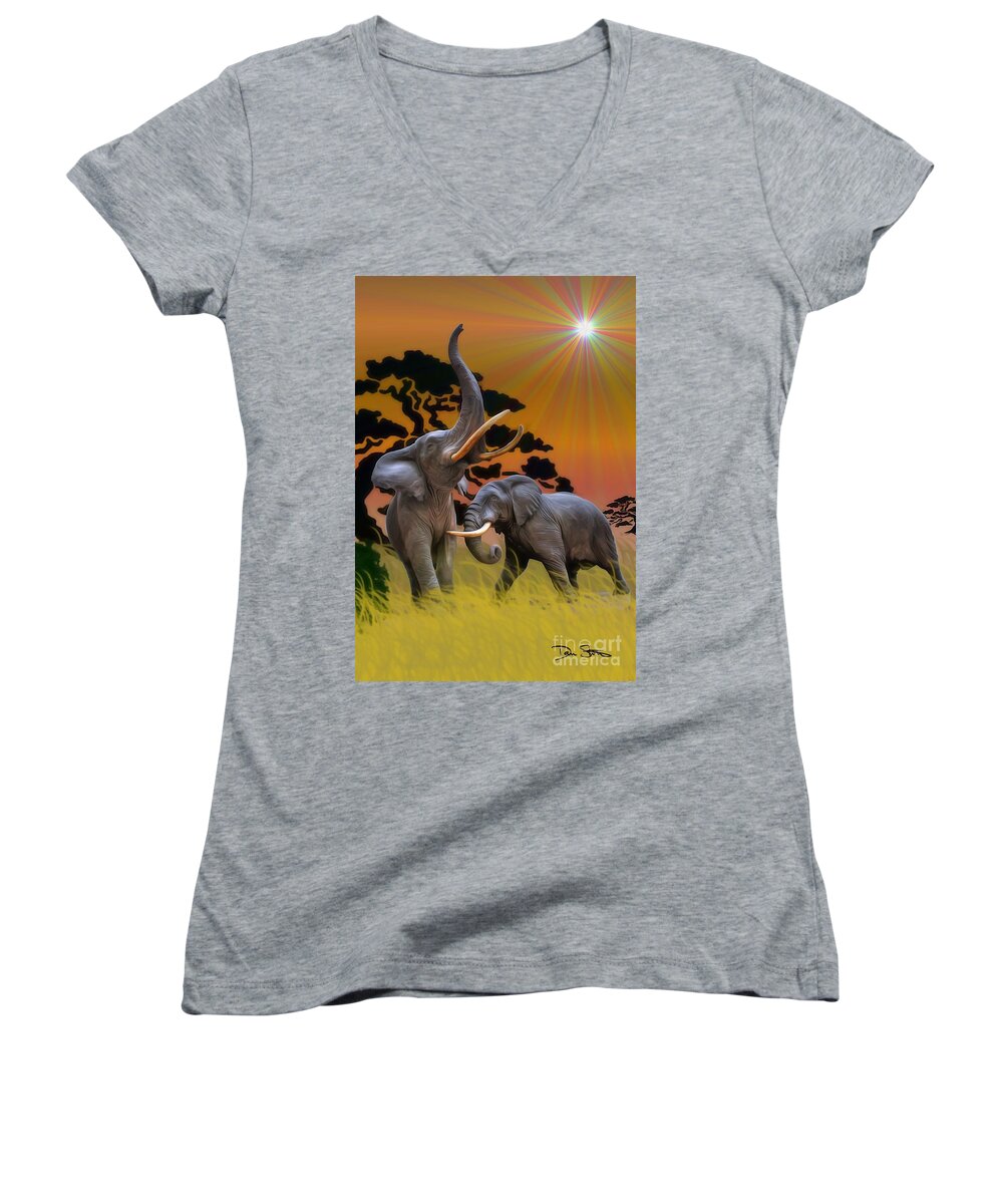 Elephant Women's V-Neck featuring the photograph Leviathans of the Land by Dan Stone