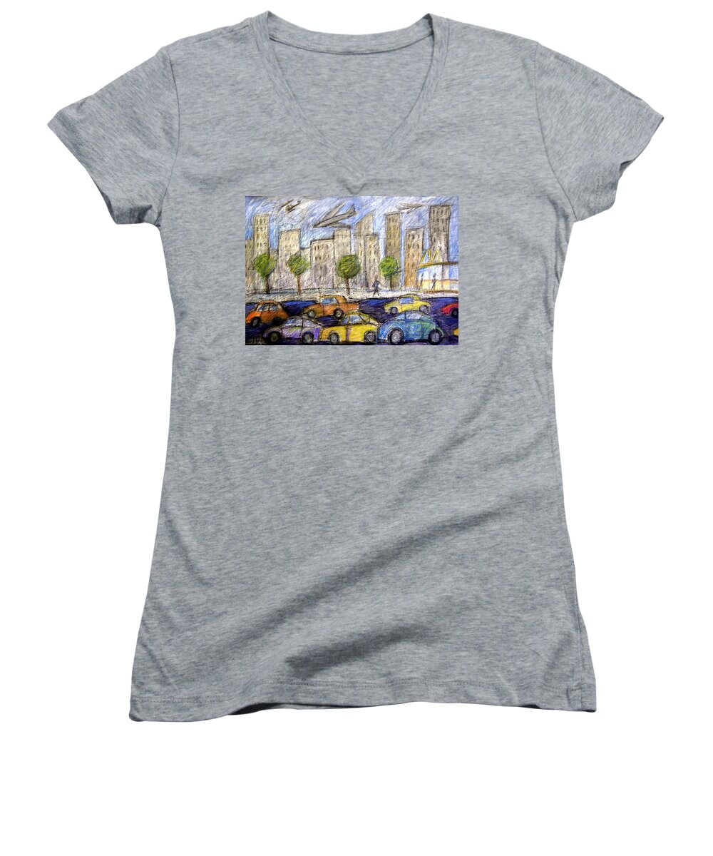 Airliners Women's V-Neck featuring the painting Life in the Big City by Gerry High