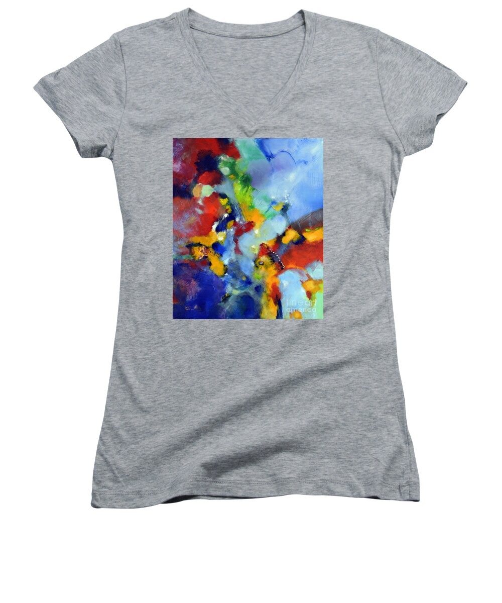 Abstract Women's V-Neck featuring the painting Lilt by Sally Trace