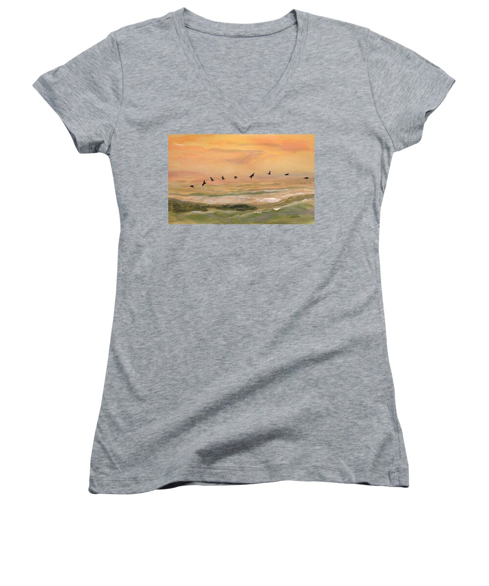 Art Women's V-Neck featuring the painting Line of pelicans by Julianne Felton
