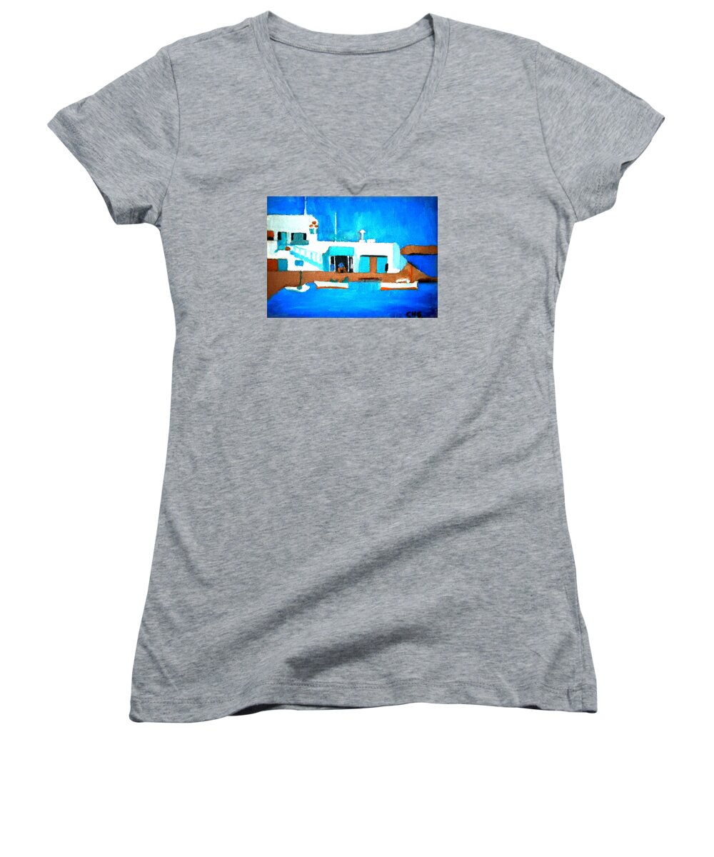 Colette Women's V-Neck featuring the painting Paros cute spot on Greek island by Colette V Hera Guggenheim