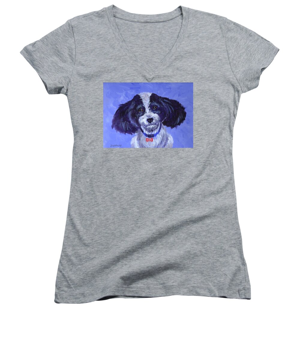 Dog Women's V-Neck featuring the painting Little Dog Blue by Richard De Wolfe
