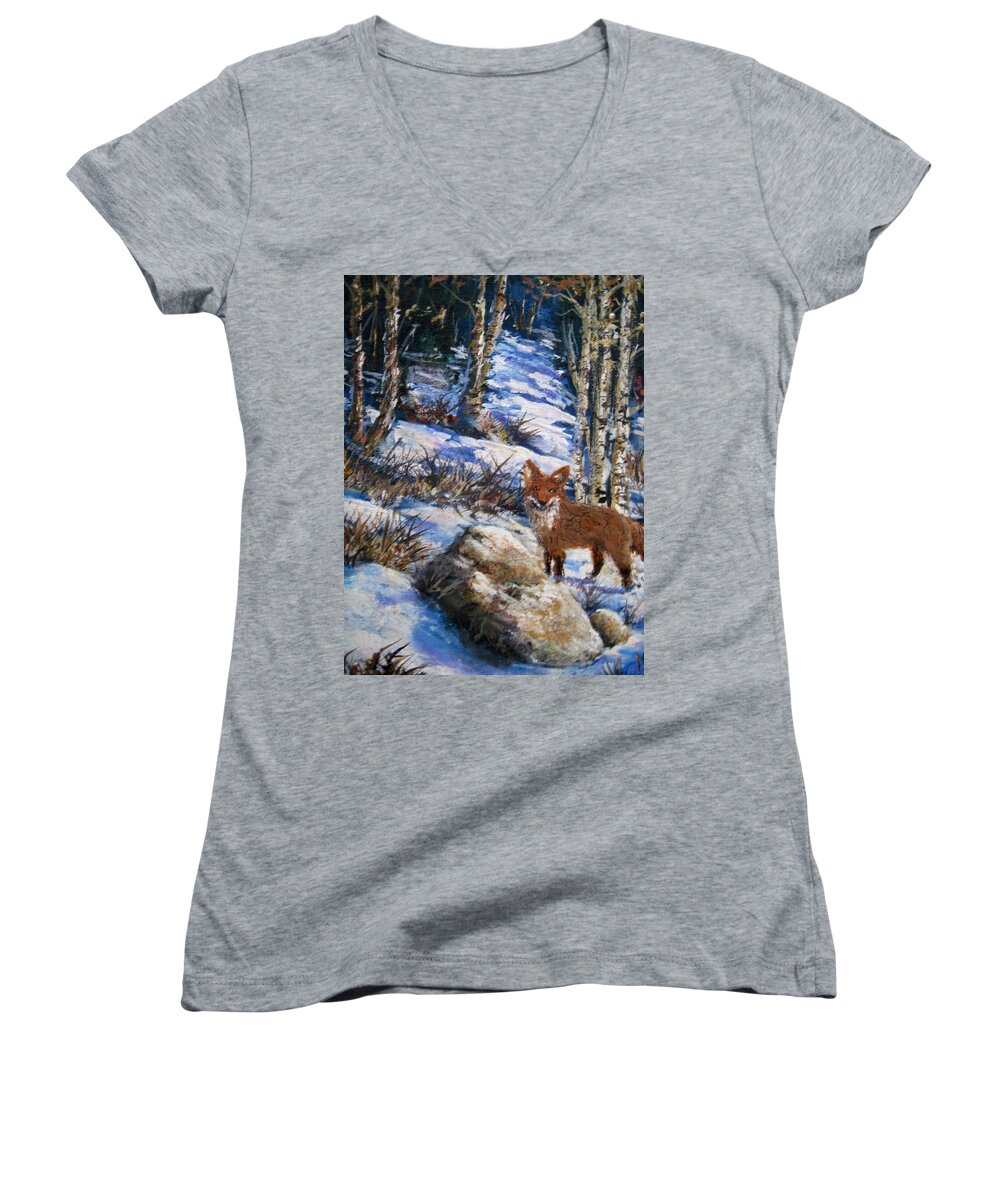 Nature Women's V-Neck featuring the painting Little fox by Megan Walsh