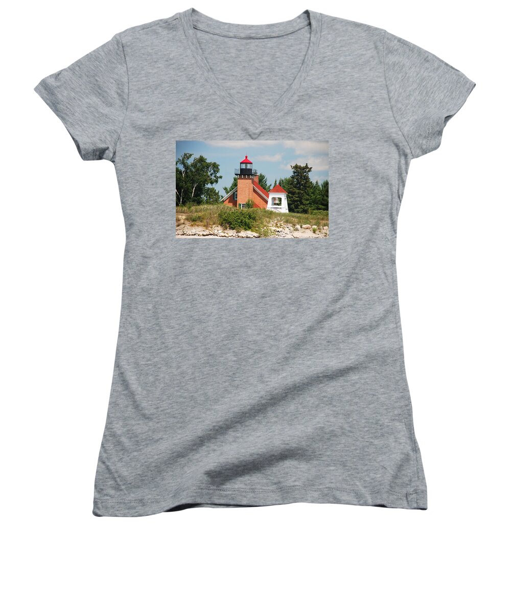 Little Traverse Lighthouse; Little Traverse Bay; Harbor Springs; Summer; Water; Lighthouse; Maritime Women's V-Neck featuring the photograph LITTLE TRAVERSE LIGHTHOUSE No.2 by Janice Adomeit