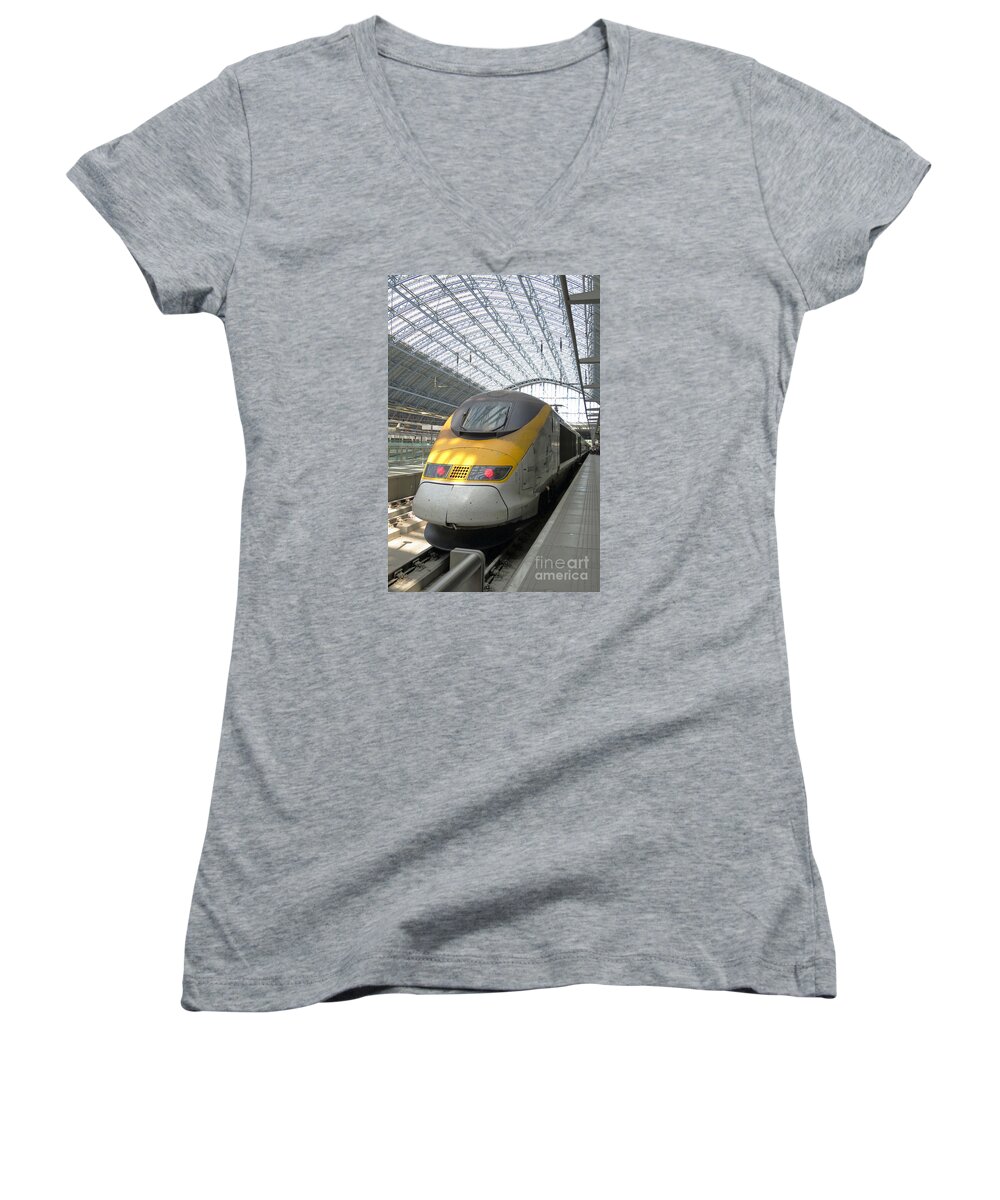 Train Women's V-Neck featuring the photograph London Arrival by Ann Horn