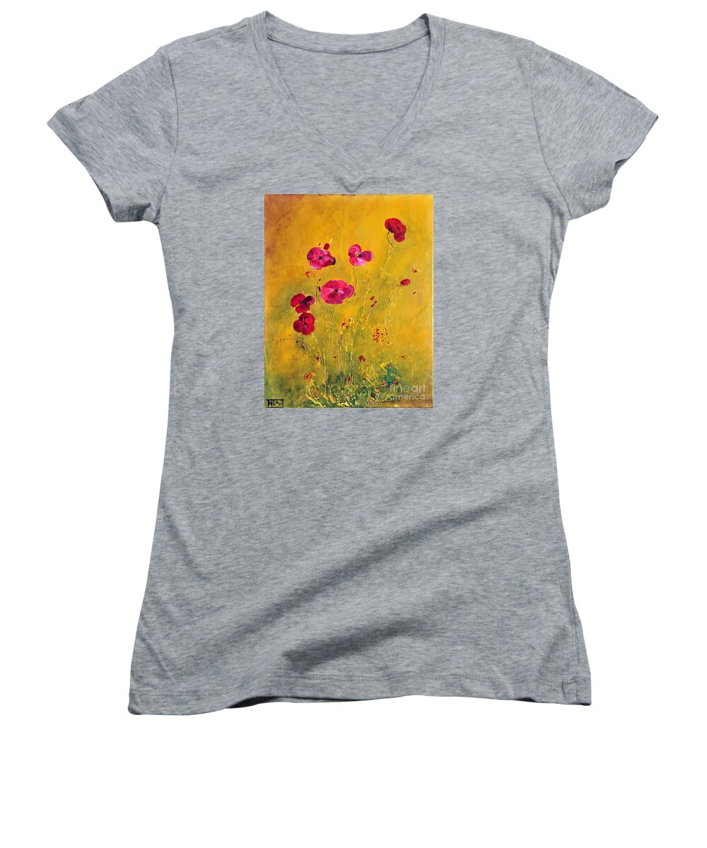 Abstract Women's V-Neck featuring the painting Lonely Poppies by Teresa Wegrzyn