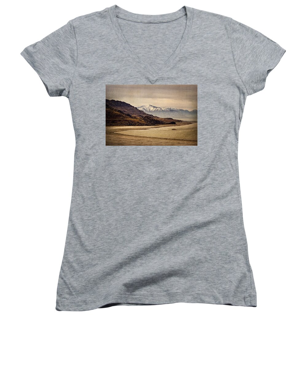 Antelope Island Women's V-Neck featuring the photograph Lonesome Land by Priscilla Burgers