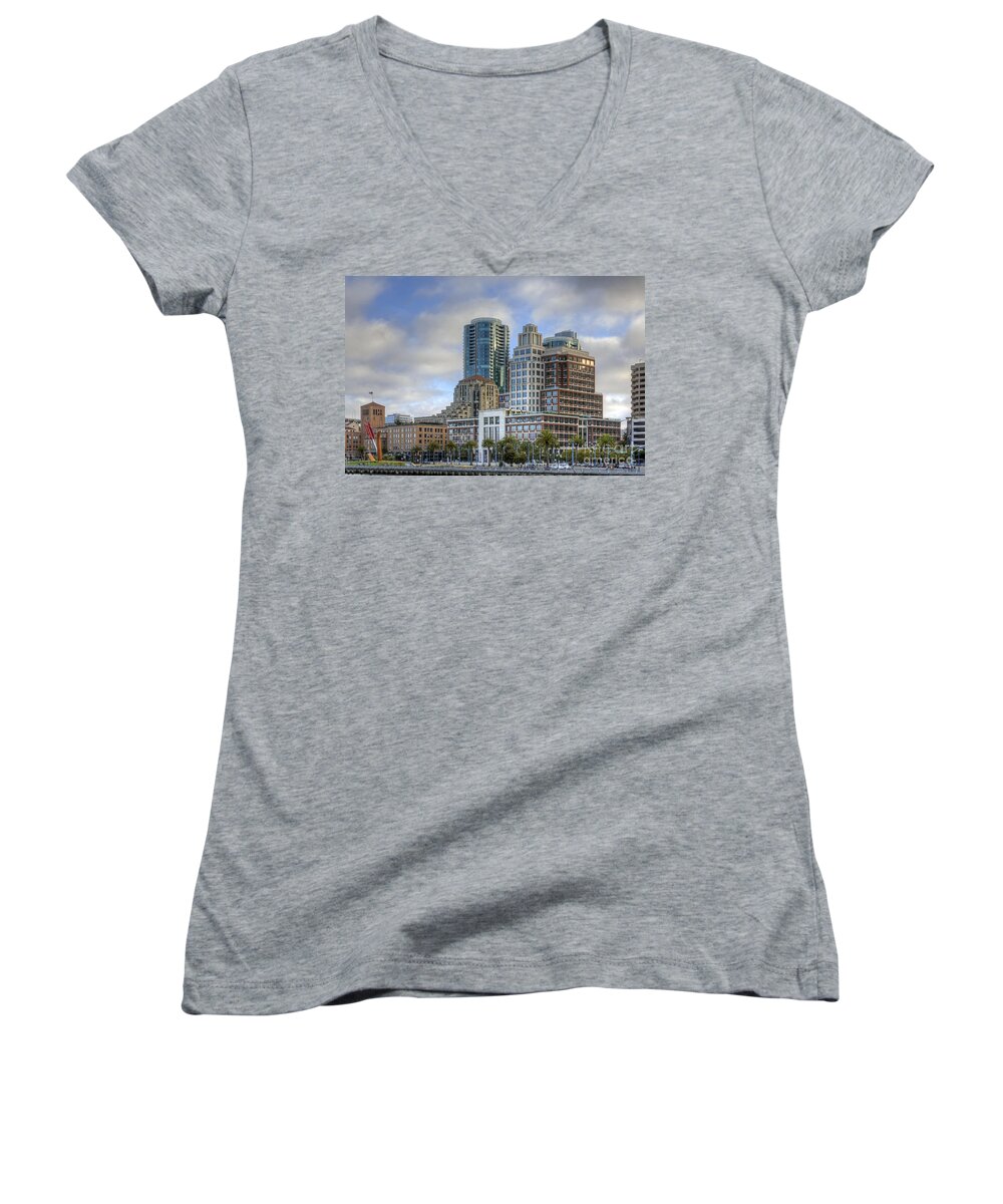 Kate Brown Women's V-Neck featuring the photograph Looking Downtown by Kate Brown