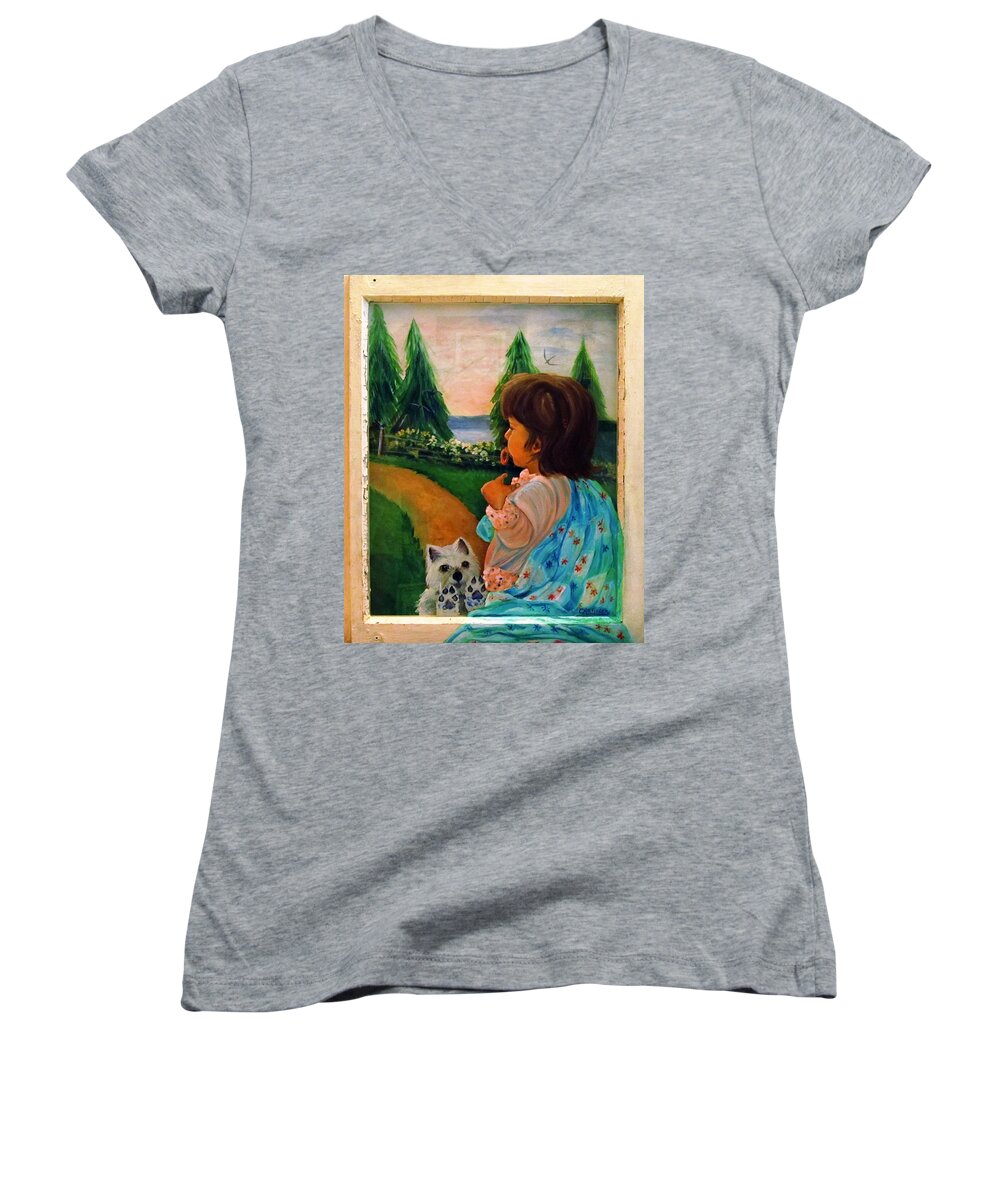 Glass Women's V-Neck featuring the painting Looking Outward by Carol Allen Anfinsen