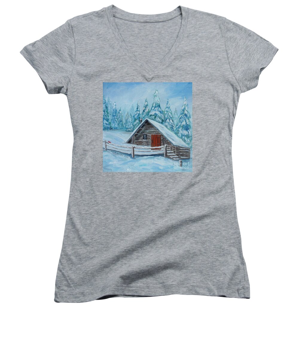 Cabin Women's V-Neck featuring the painting Lost Mountain Cabin by Julie Brugh Riffey