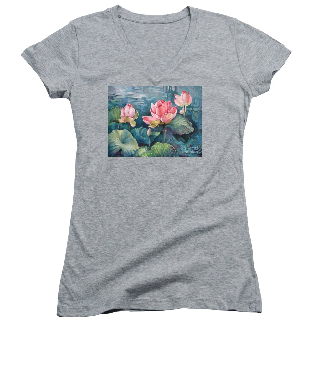 Lotus Flower Women's V-Neck featuring the painting Lotus pond by Elena Oleniuc