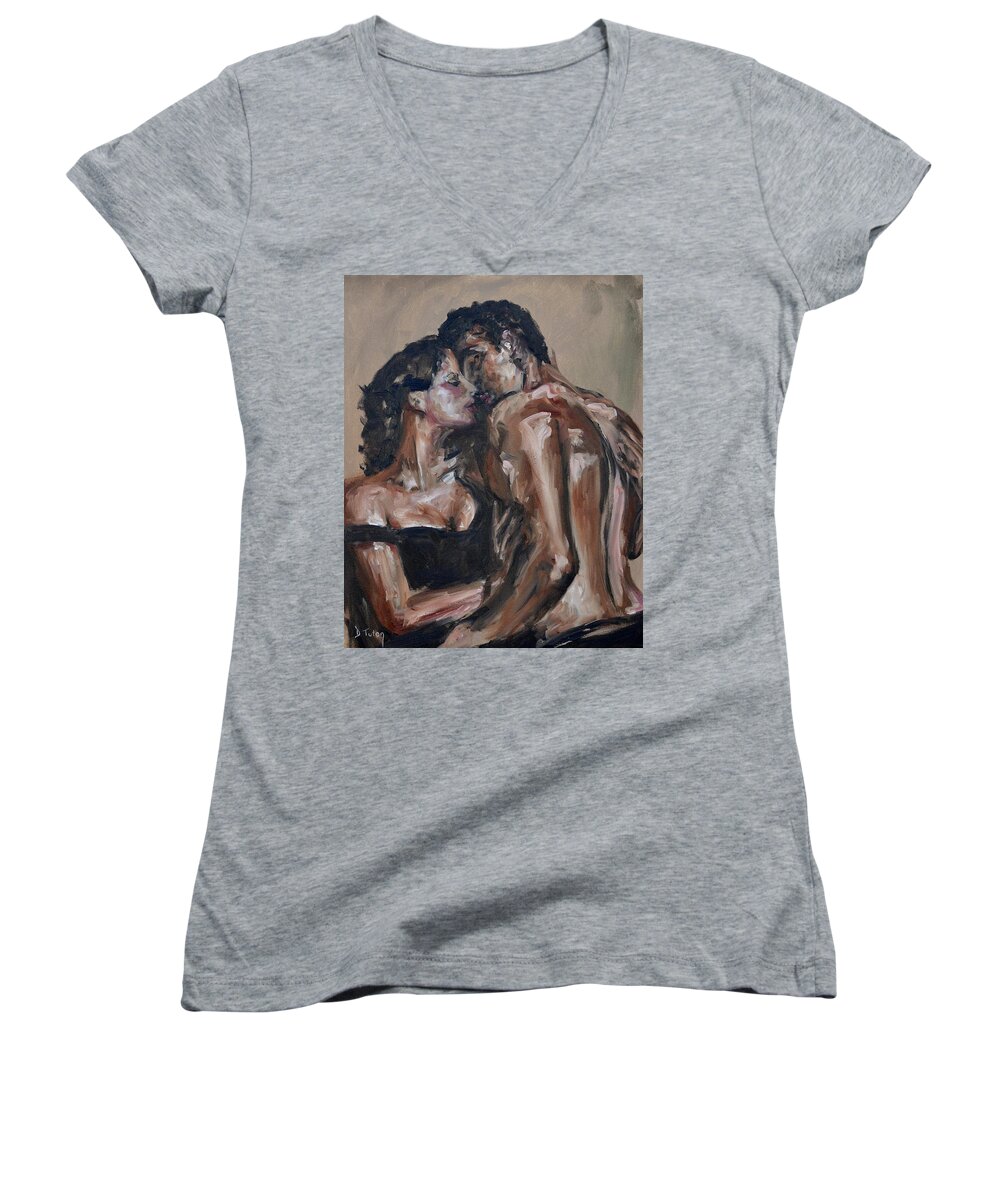 Kiss Women's V-Neck featuring the painting Lovers by Donna Tuten