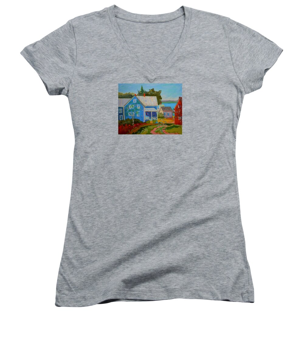 Landscape Women's V-Neck featuring the painting Lubec Village by Francine Frank