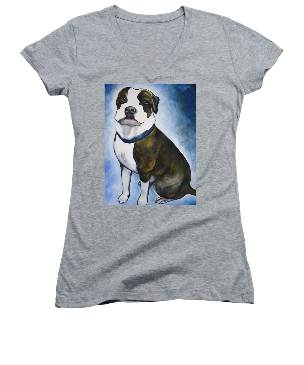 Pittbull Women's V-Neck featuring the painting Lugnut by Leslie Manley