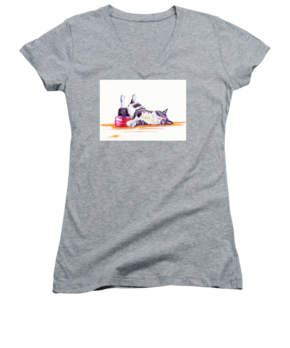 Cat Women's V-Neck featuring the painting Lunch Break by Debra Hall