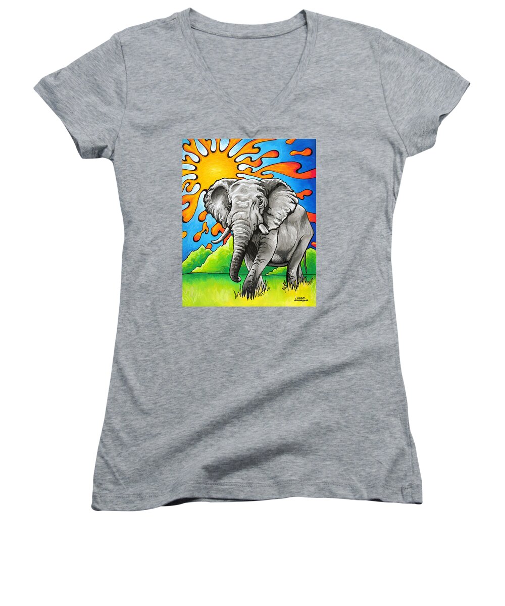 Ele Women's V-Neck featuring the painting Majestic Elephant by Adam Johnson