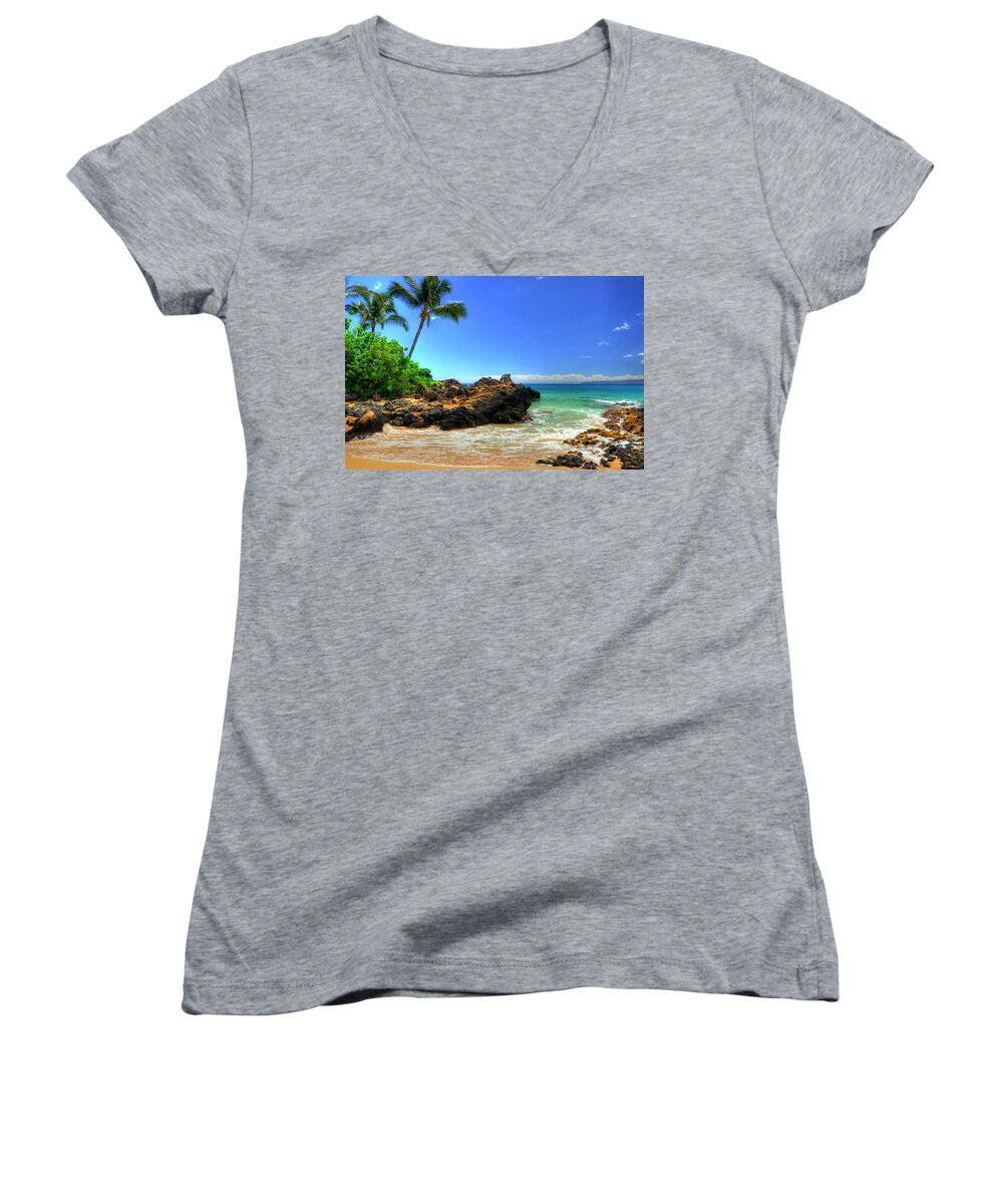 Makena Women's V-Neck featuring the photograph Makena Secret Cove Paako Beach by Kelly Wade