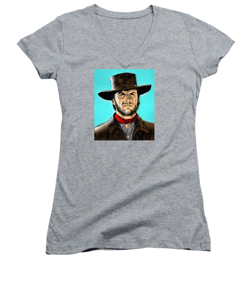 Wallpaper Buy Art Print Phone Case T-shirt Beautiful Duvet Case Pillow Tote Bags Shower Curtain Greeting Cards Mobile Phone Apple Android Clint Eastwood Sketch Western Old West Portrait Hollywood Canvas Framed Art Acrylic Greeting Print Old Wild West The Good Bad Ugly And & Salman Ravish Khan Gunfight Gun Duel Fistfull Of Dollars For A Few More Sergio Leone Women's V-Neck featuring the mixed media Clint Eastwood #2 by Salman Ravish