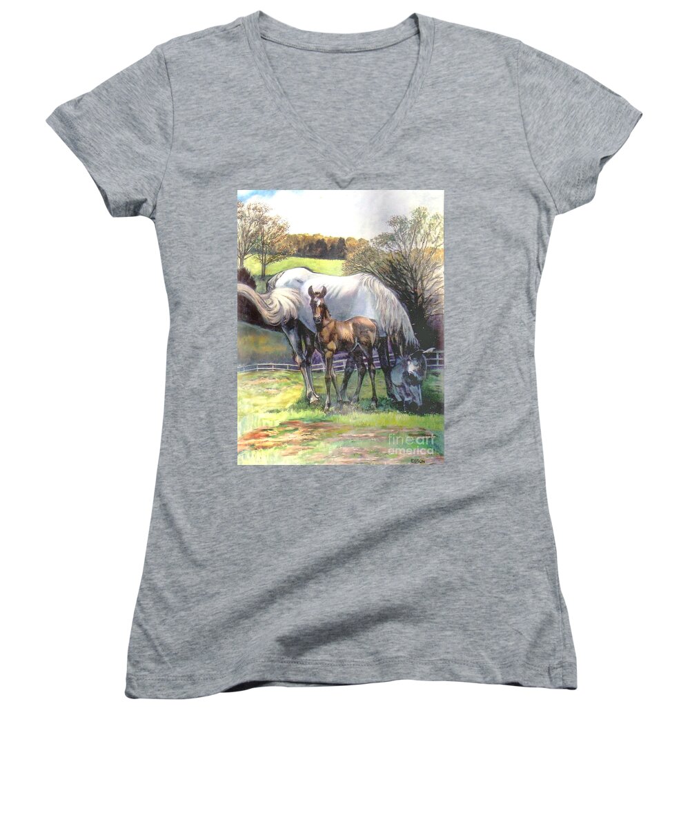 Horse Women's V-Neck featuring the painting Mare and Foal by Stan Esson