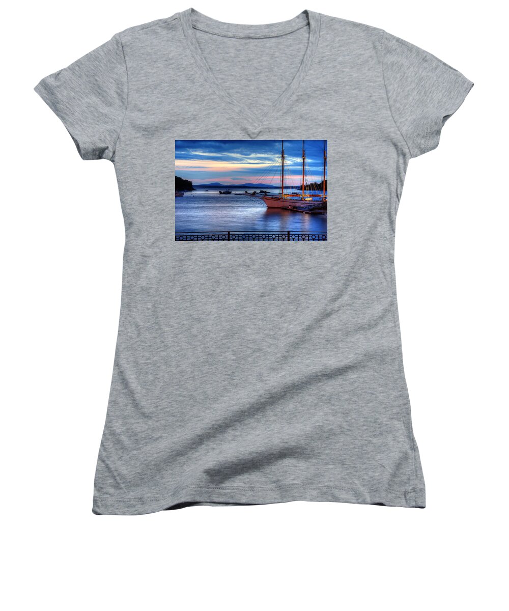 Bar Harbor Women's V-Neck featuring the photograph Margaret Todd at Sunrise by Donna Doherty