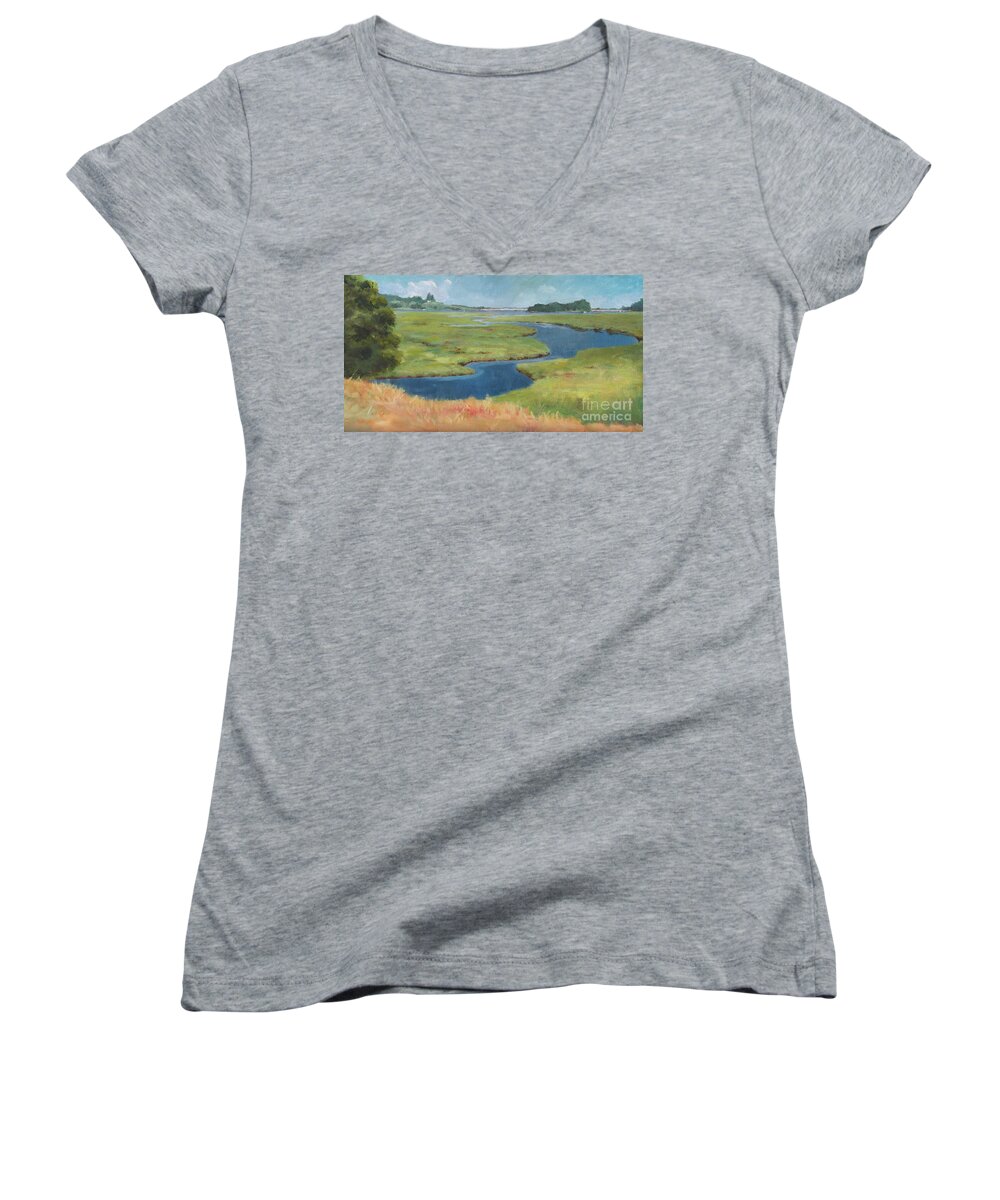 Claire Gagnon Women's V-Neck featuring the painting Marshes at High Tide by Claire Gagnon