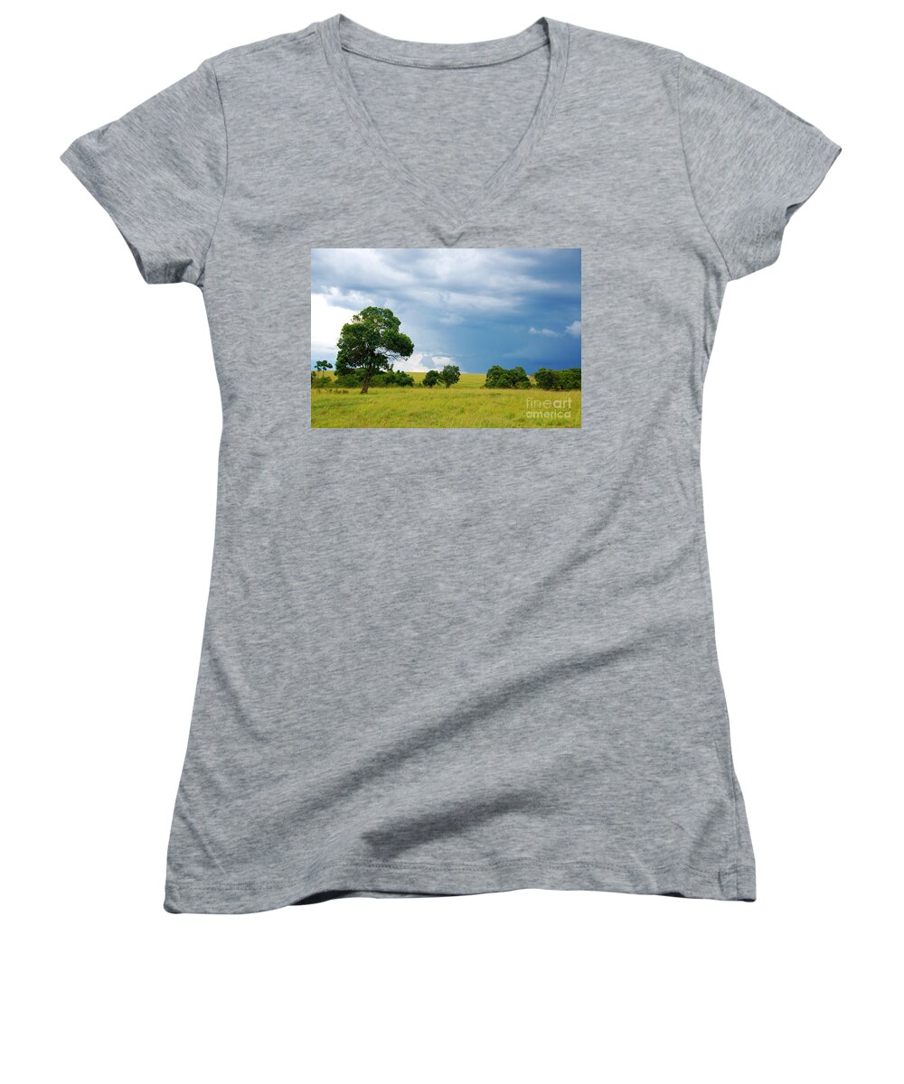 Landscape Women's V-Neck featuring the photograph Masai Mara Kenya by Charuhas Images