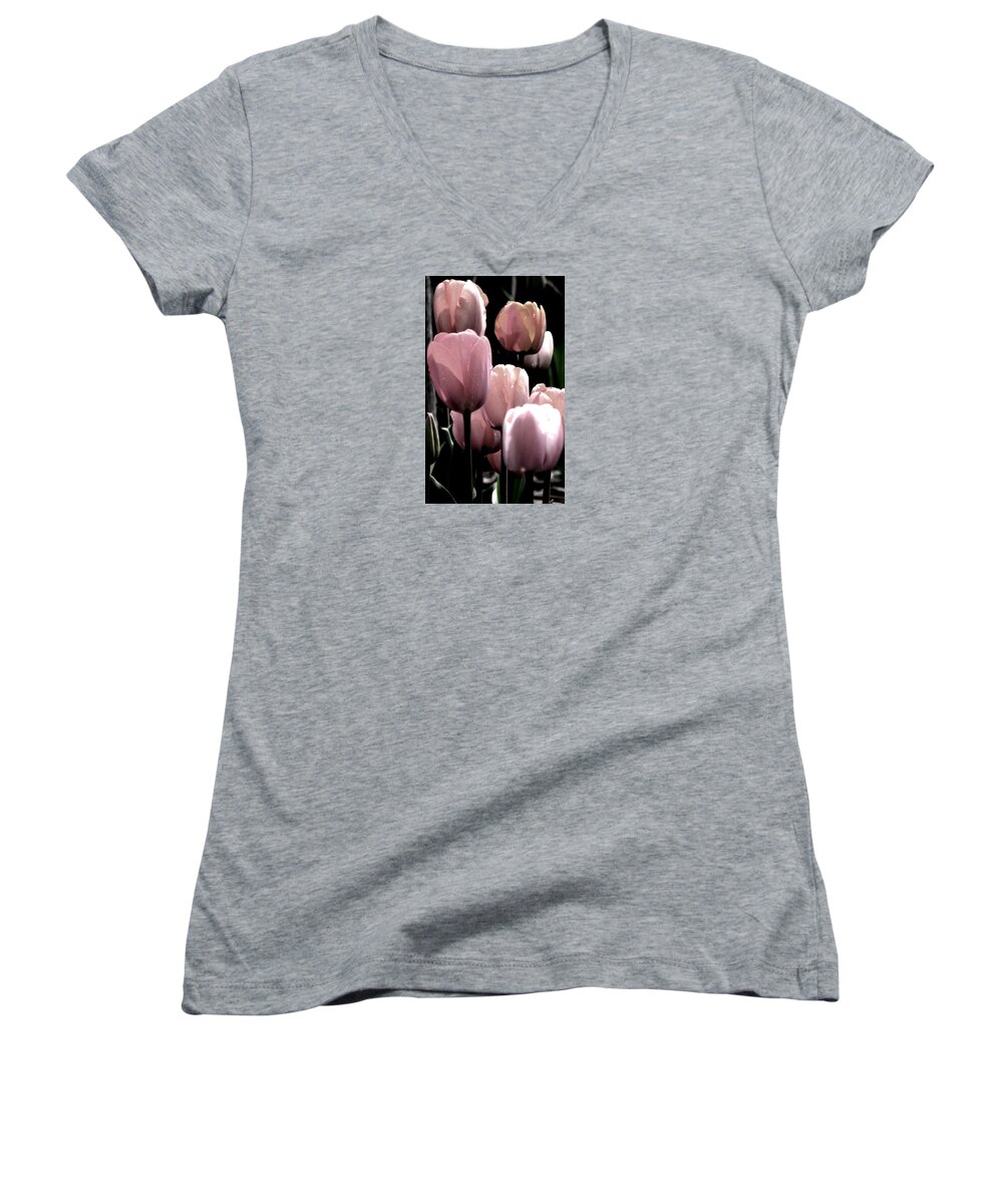 Pink Tulips Women's V-Neck featuring the photograph Mauve In The Morning by Angela Davies