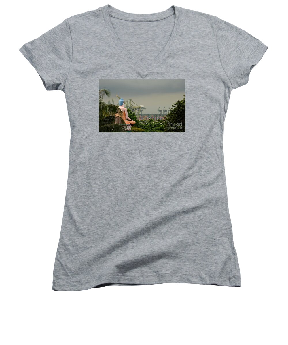Lotus Women's V-Neck featuring the photograph Meditating Buddha views container seaport Singapore by Imran Ahmed