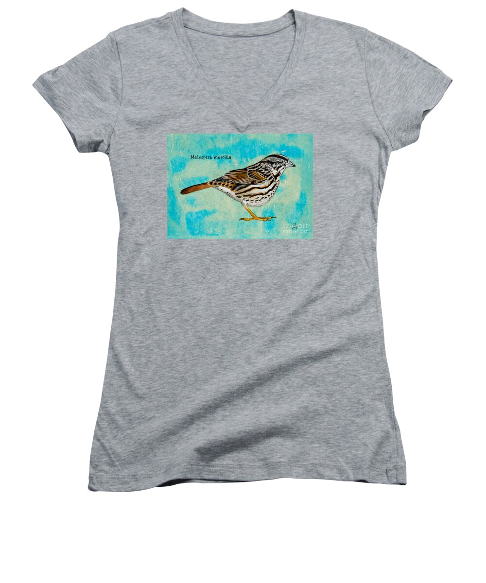  Women's V-Neck featuring the painting Melospiza melodia by Stefanie Forck