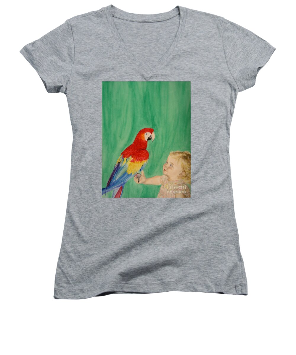 Parrot Women's V-Neck featuring the painting Mika and Parrot by Tamir Barkan