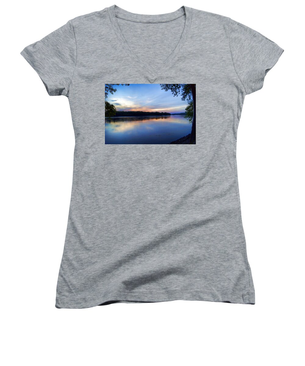 River Women's V-Neck featuring the photograph Missouri River Blues by Cricket Hackmann