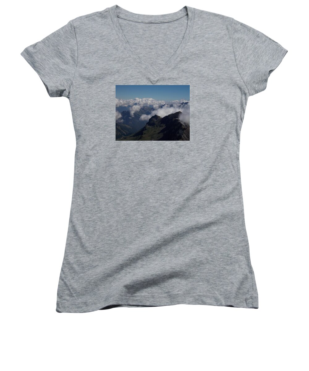 Mist Women's V-Neck featuring the photograph Mist From the Schilthorn by Nina Kindred