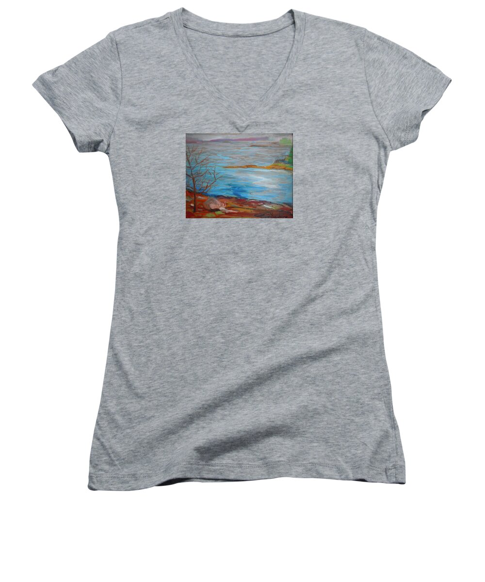 Landscape Women's V-Neck featuring the painting Misty Surry by Francine Frank