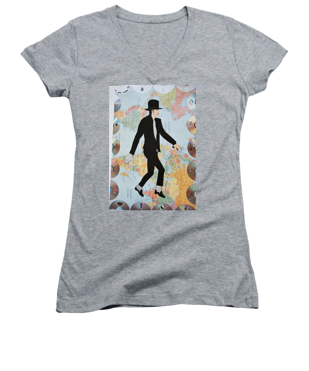 Mixed Media Women's V-Neck featuring the painting MJ We Are The World by Karen Buford