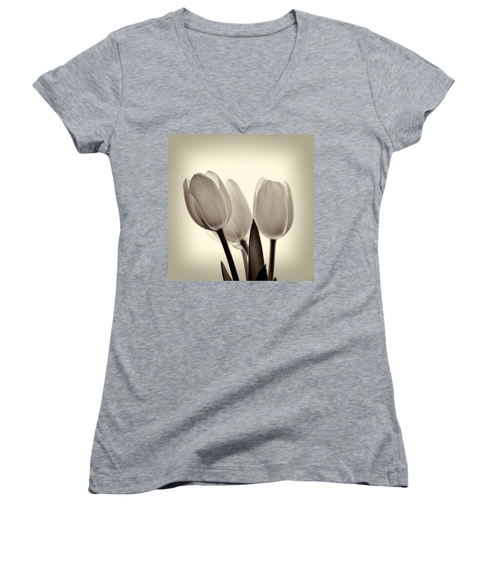 Flower Women's V-Neck featuring the photograph Monochrome Tulips with Vignette by Phyllis Meinke