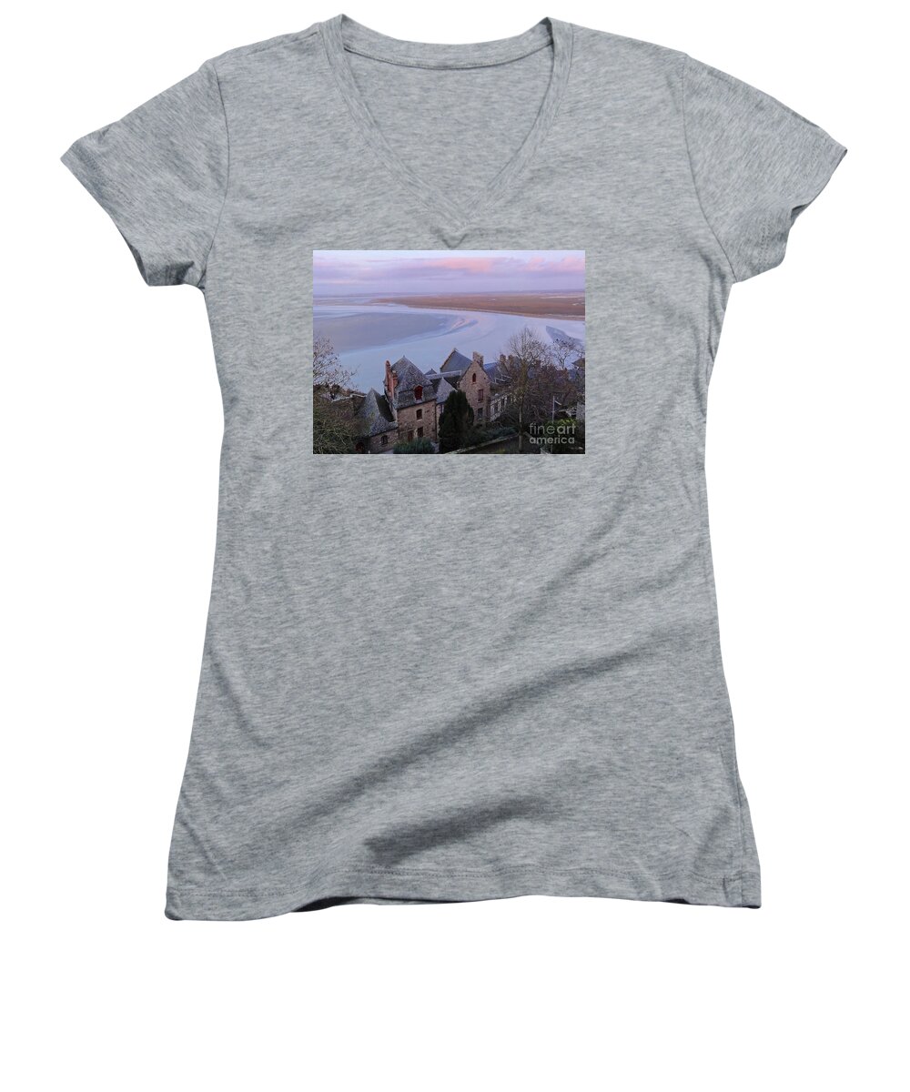 Mont St. Michel Women's V-Neck featuring the photograph Mont St Michel tower view by Christopher Plummer