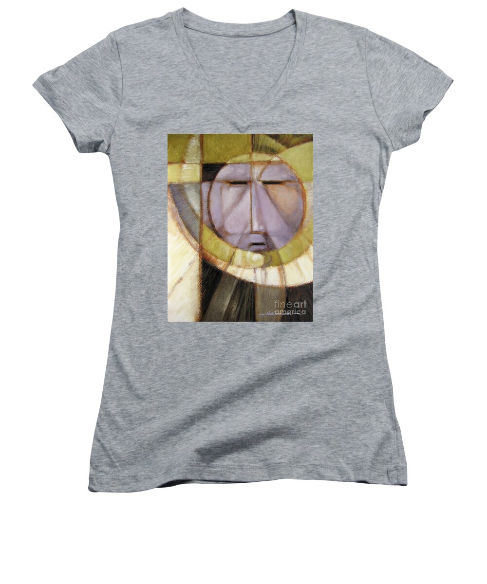 Mask Women's V-Neck featuring the painting Moonmask by Randy Wollenmann