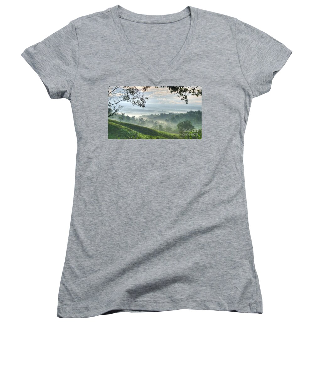 Landscape Women's V-Neck featuring the photograph Morning Mist by Heiko Koehrer-Wagner