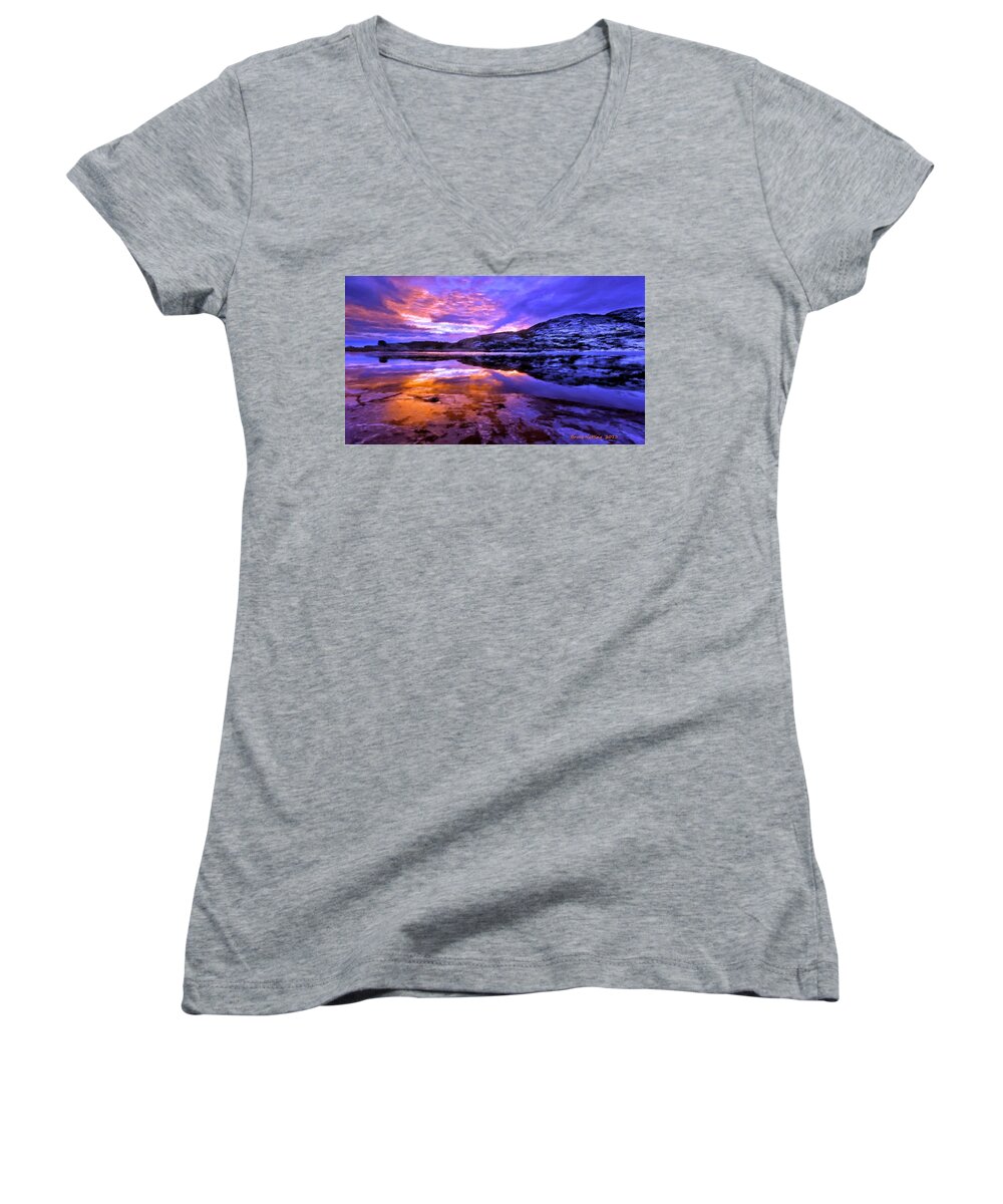 Mountain Women's V-Neck featuring the painting Mountain Lake Sunset by Bruce Nutting