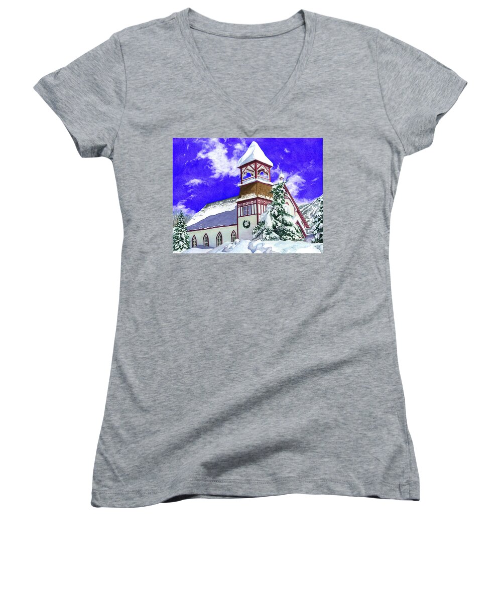 Church Women's V-Neck featuring the painting Mountain Sanctuary 2 by Barbara Jewell