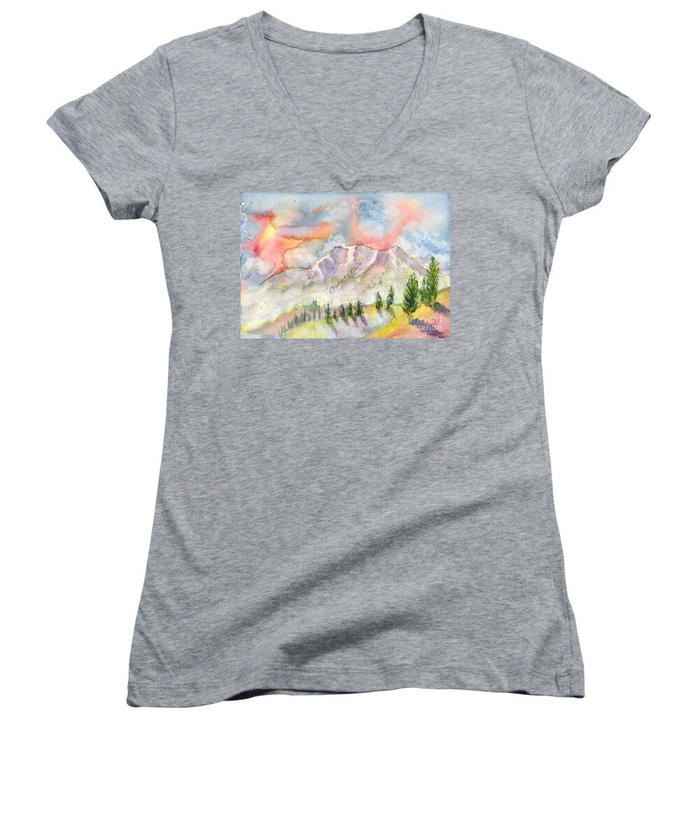 Mountains Women's V-Neck featuring the painting Mountain Sunset by Walt Brodis